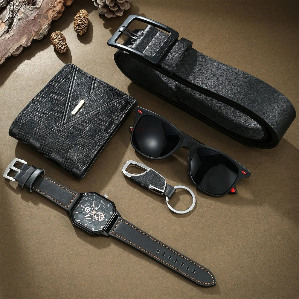 New Mens Watch Set with Gift Box for Men 5 Pieces Keychain Sunglasses Belt and Wallet Set for Men Him Boyfriend Dad Husband - The Urban Blasts Ltd