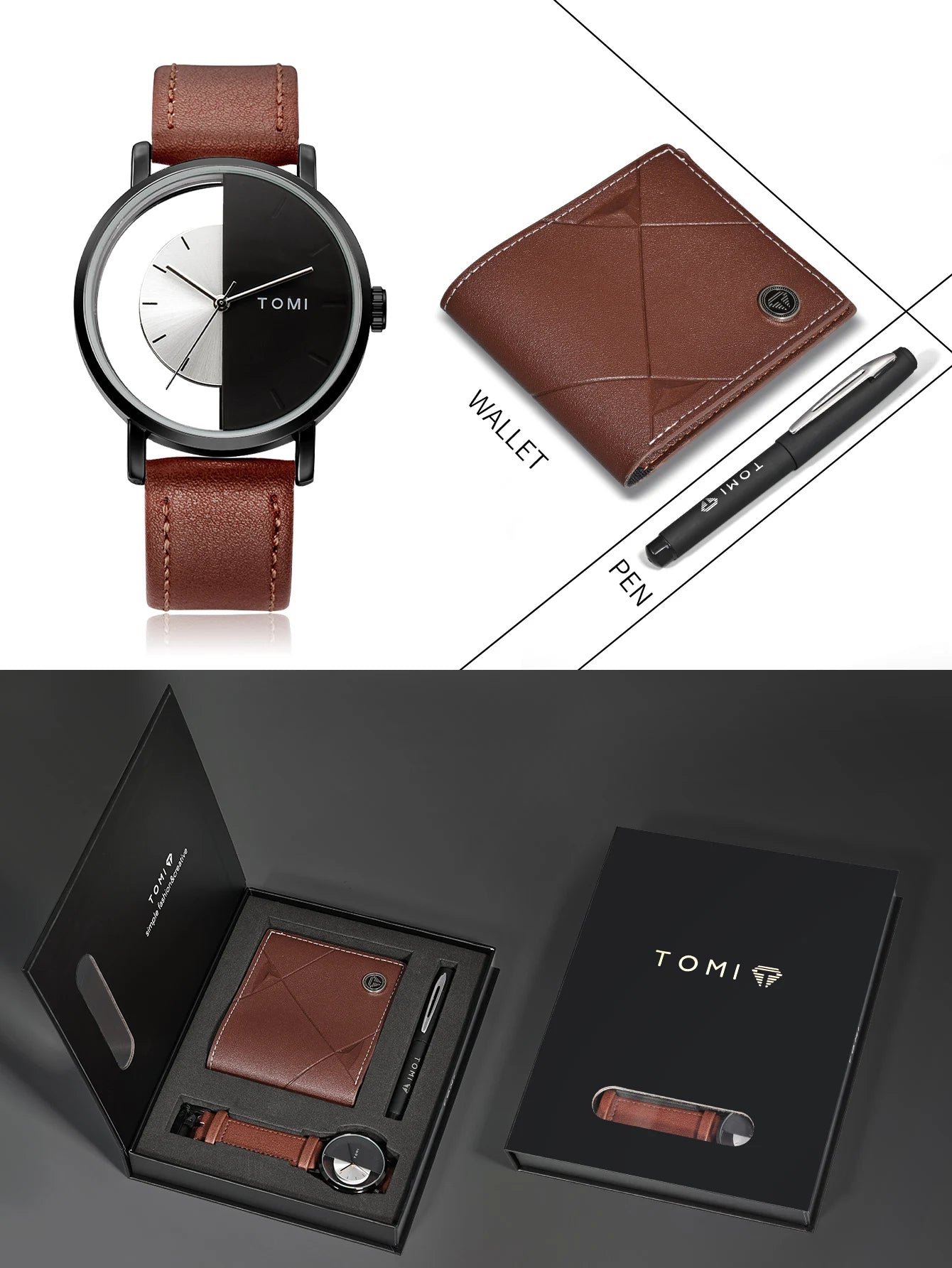 TOMI 3PCS Luxury Business Gift Box Set Men Watch Wallet - The Urban Blasts Ltd