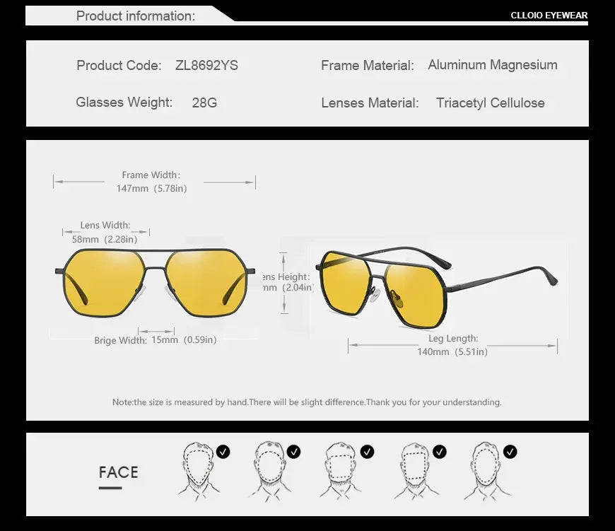 CLLOIO Anti-glare Day Night Vision Glasses Men Women Polarized Driving Sun Glasses Square Aluminum Photochromic Sunglasses UV400 - The Urban Blasts Ltd