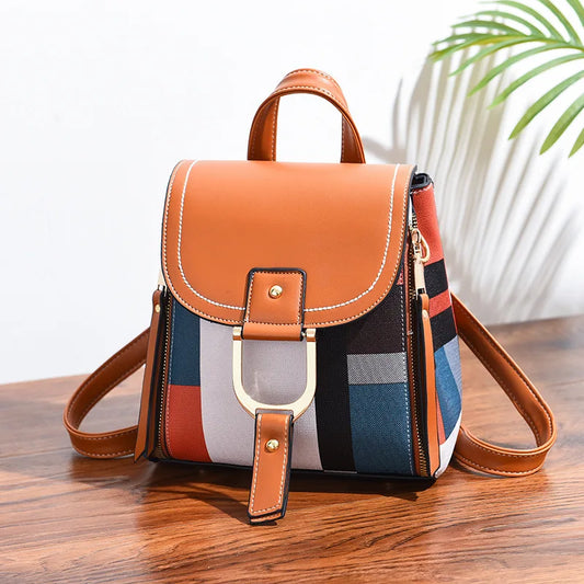 Splicing Backpack PU Leather Plaid Backpack Multi-Function Knapsack Lock Backpack Great for Valentine's and Mother's Day