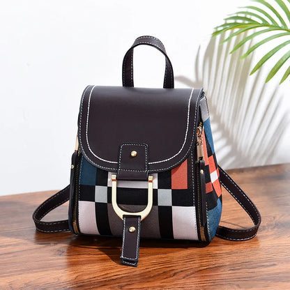 Splicing Backpack PU Leather Plaid Backpack Multi-Function Knapsack Lock Backpack Great for Valentine's and Mother's Day