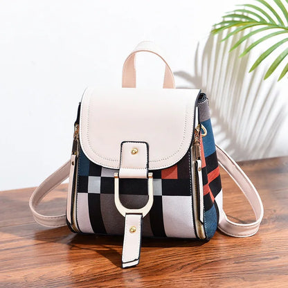 Splicing Backpack PU Leather Plaid Backpack Multi-Function Knapsack Lock Backpack Great for Valentine's and Mother's Day