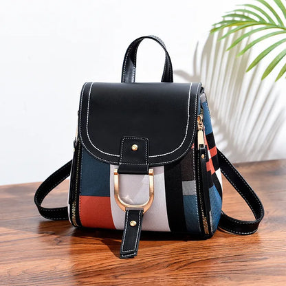 Splicing Backpack PU Leather Plaid Backpack Multi-Function Knapsack Lock Backpack Great for Valentine's and Mother's Day