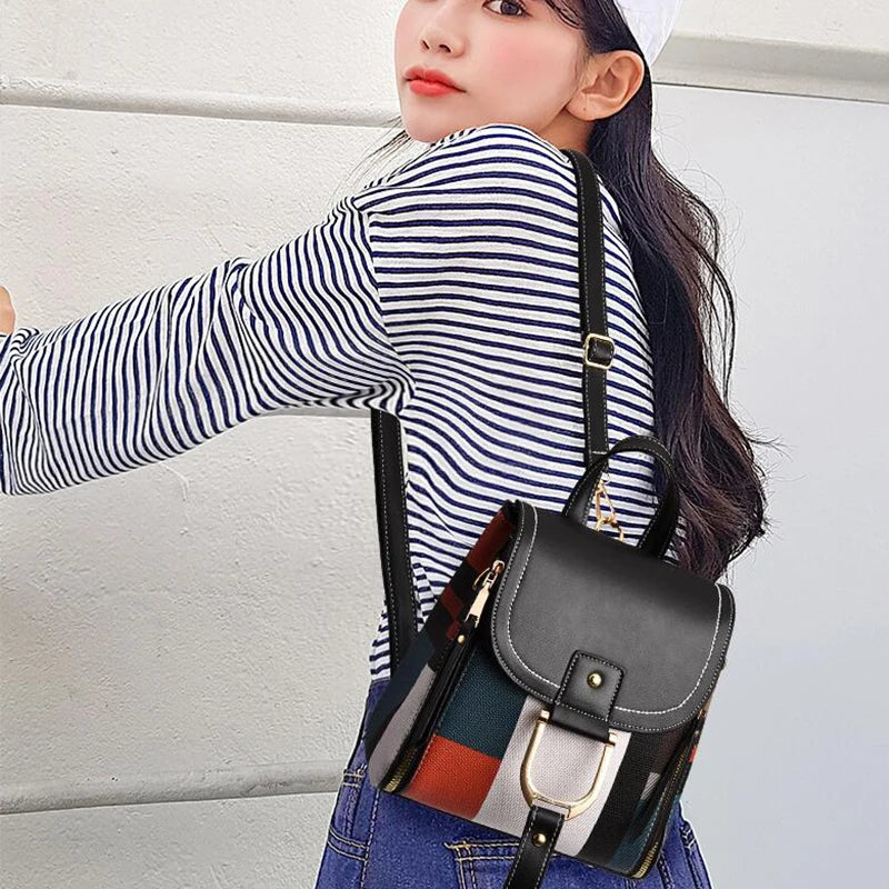 Splicing Backpack PU Leather Plaid Backpack Multi-Function Knapsack Lock Backpack Great for Valentine's and Mother's Day