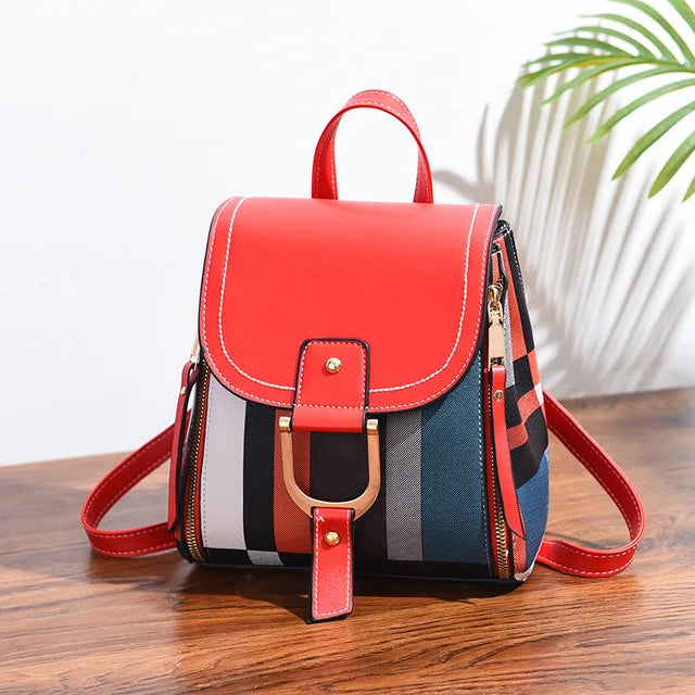 Splicing Backpack PU Leather Plaid Backpack Multi-Function Knapsack Lock Backpack Great for Valentine's and Mother's Day