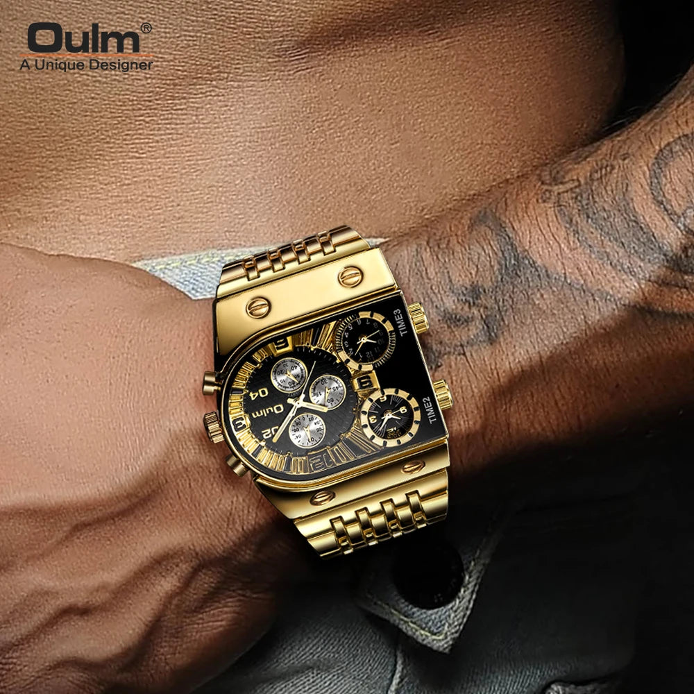 Oulm Top Large Dial Men Watch Square Gold Quartz Wrist Watch for Sports, Multi-Time Zone Military Waterproof Great for Valentine's Day