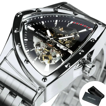 WINNER Military Triangle Skeleton Automatic Sports Luxury Mechanical Watches Gold Stainless Steel Strap Luminous Great for Valentine's Day