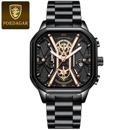 POEDAGAR Fashion Men Wristwatches Luxury Chronograph Luminous Waterproof Date, Square Dial Leather Quartz perfect for Valentine's Day