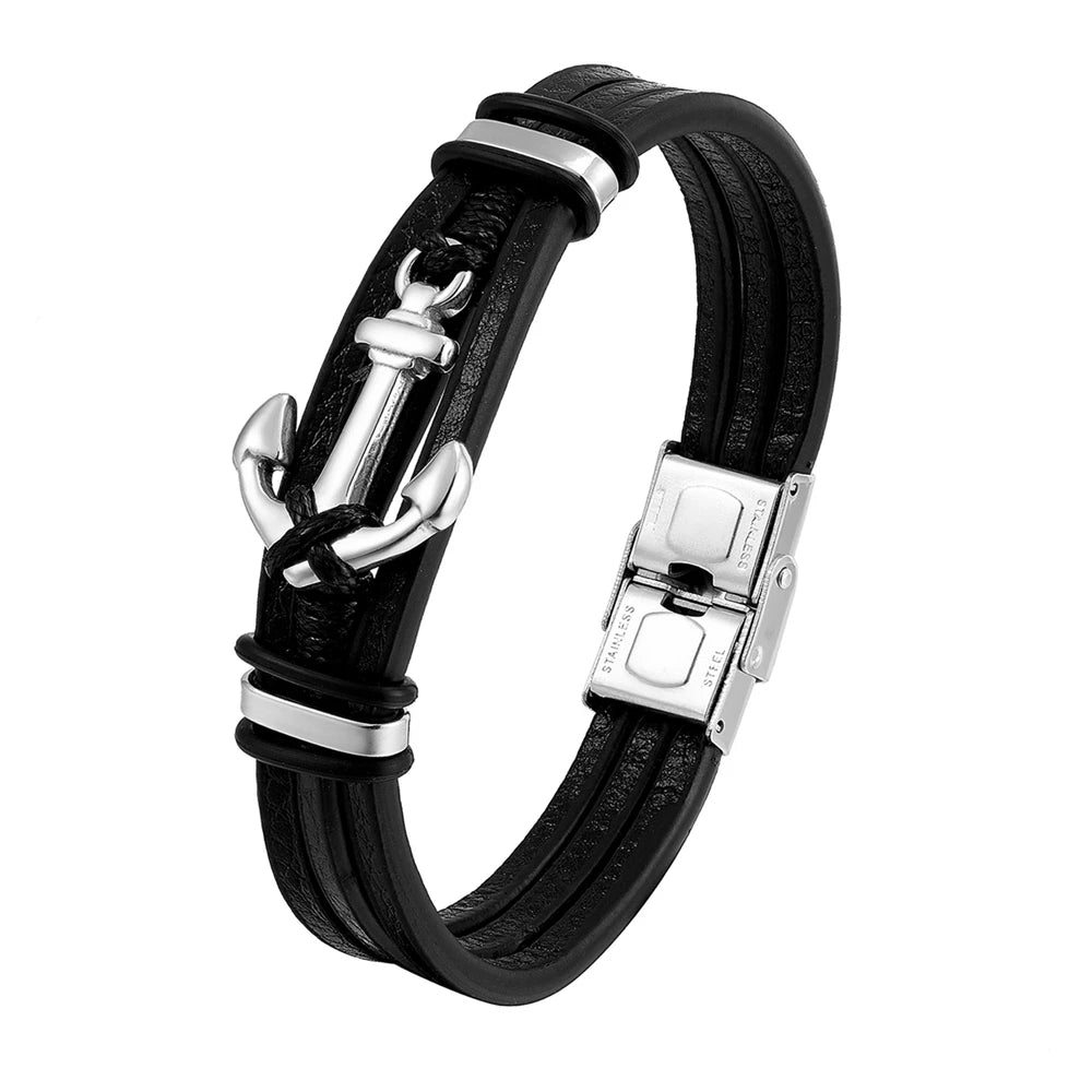 New Punk Stainless Steel Anchor Bracelets Genuine Leather Bracelet & Bangles Jewellery Black Colour Fashion Great for Valentine's Gift