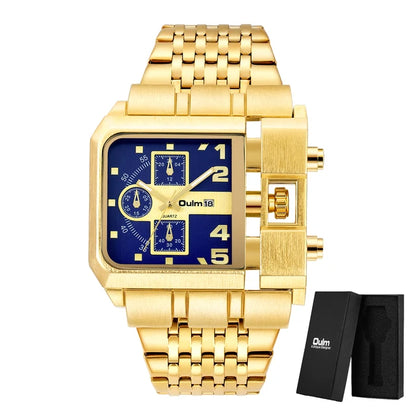 Oulm Top Large Dial Men Watch Square Gold Quartz Wrist Watch for Sports, Multi-Time Zone Military Waterproof Great for Valentine's Day