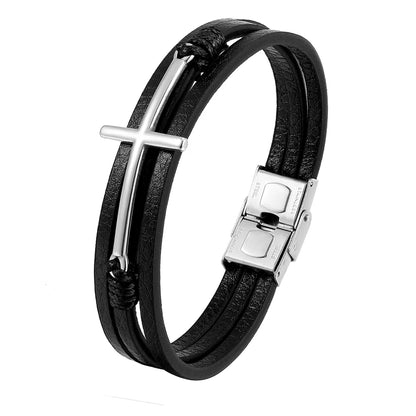 New Punk Stainless Steel Anchor Bracelets Genuine Leather Bracelet & Bangles Jewellery Black Colour Fashion Great for Valentine's Gift