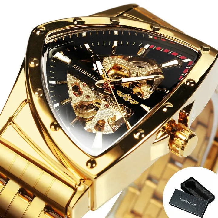 WINNER Military Triangle Skeleton Automatic Sports Luxury Mechanical Watches Gold Stainless Steel Strap Luminous Great for Valentine's Day