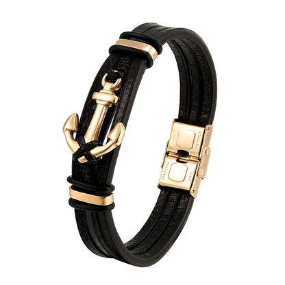 New Punk Stainless Steel Anchor Bracelets Genuine Leather Bracelet & Bangles Jewellery Black Colour Fashion Great for Valentine's Gift