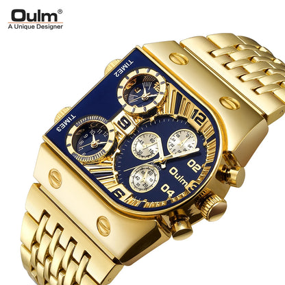 Oulm Top Large Dial Men Watch Square Gold Quartz Wrist Watch for Sports, Multi-Time Zone Military Waterproof Great for Valentine's Day