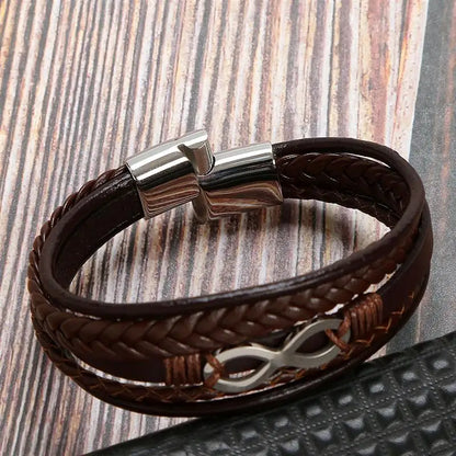 Classic Multi layer Men Leather Bracelet Stainless Steel Infinity Symbol Charm Bracelets Fashion Jewellery Great for Valentine's Day Gift