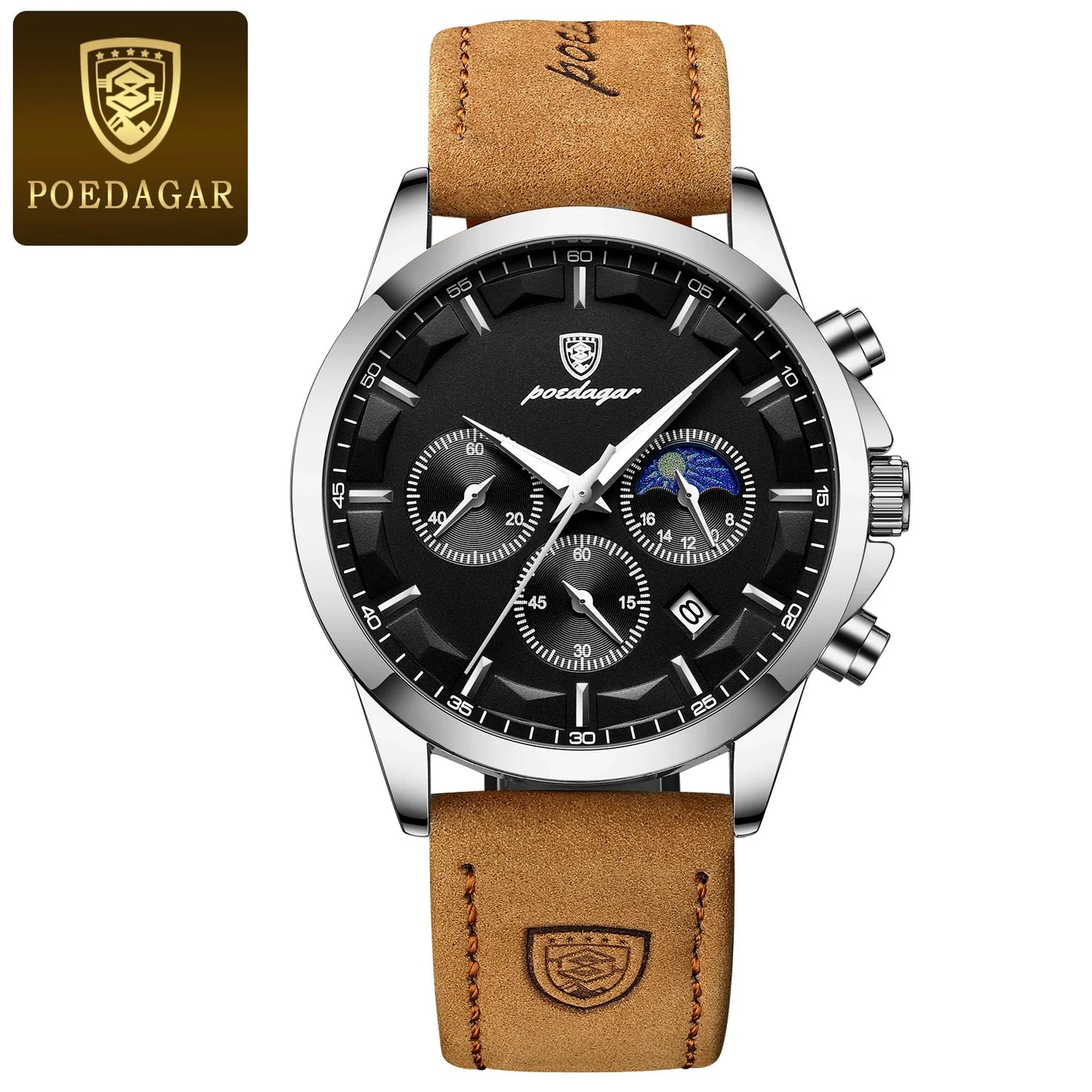 POEDAGAR Men Quartz Watch Luxury Sports Waterproof Chronograph Luminous Date, Man Wristwatch Leather Clock, Ideal For Valentine's Day