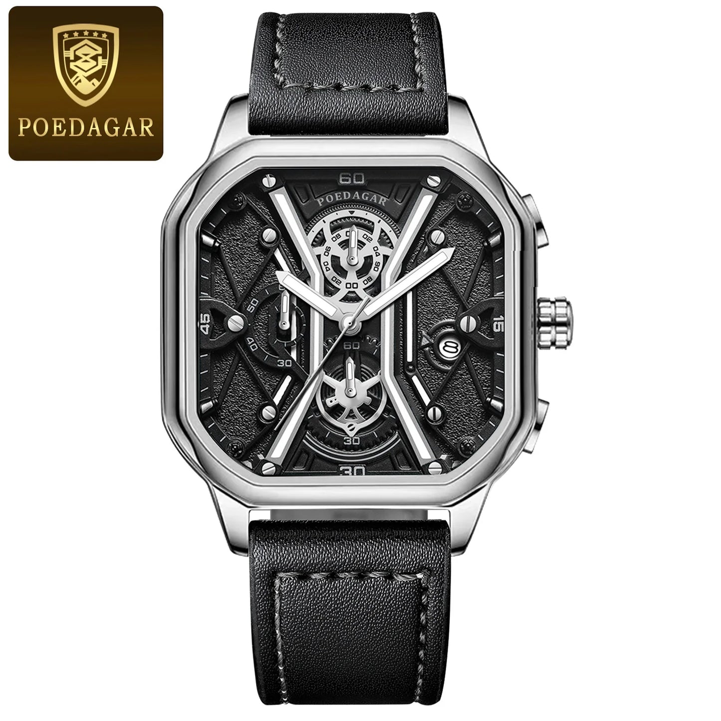 POEDAGAR Fashion Men Wristwatches Luxury Chronograph Luminous Waterproof Date, Square Dial Leather Quartz perfect for Valentine's Day