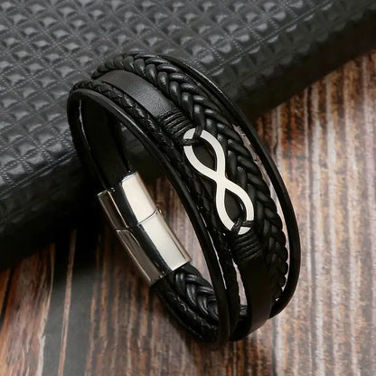 Classic Multi layer Men Leather Bracelet Stainless Steel Infinity Symbol Charm Bracelets Fashion Jewellery Great for Valentine's Day Gift