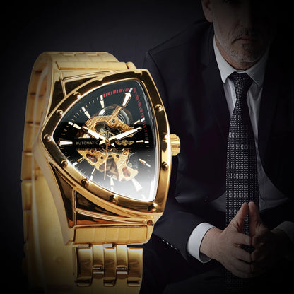 WINNER Military Triangle Skeleton Automatic Sports Luxury Mechanical Watches Gold Stainless Steel Strap Luminous Great for Valentine's Day