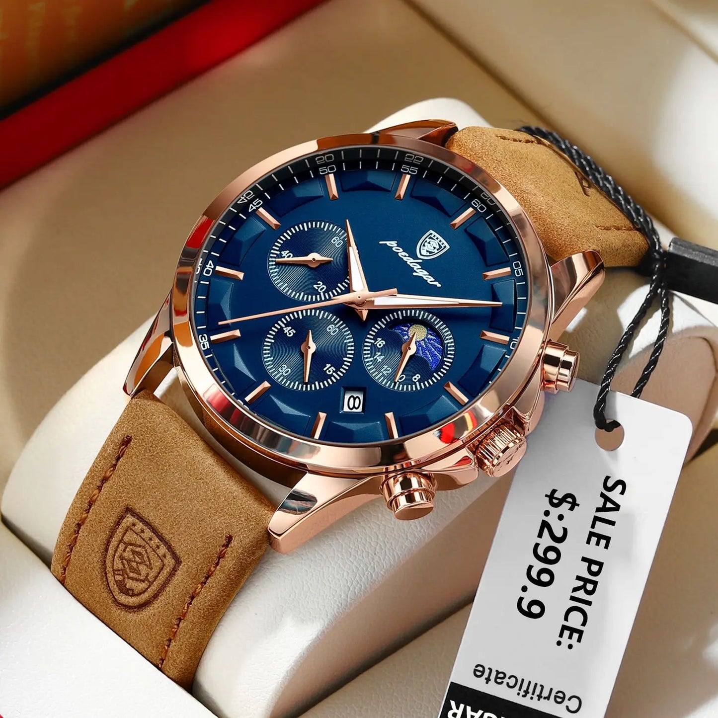 POEDAGAR Men Quartz Watch Luxury Sports Waterproof Chronograph Luminous Date, Man Wristwatch Leather Clock, Ideal For Valentine's Day