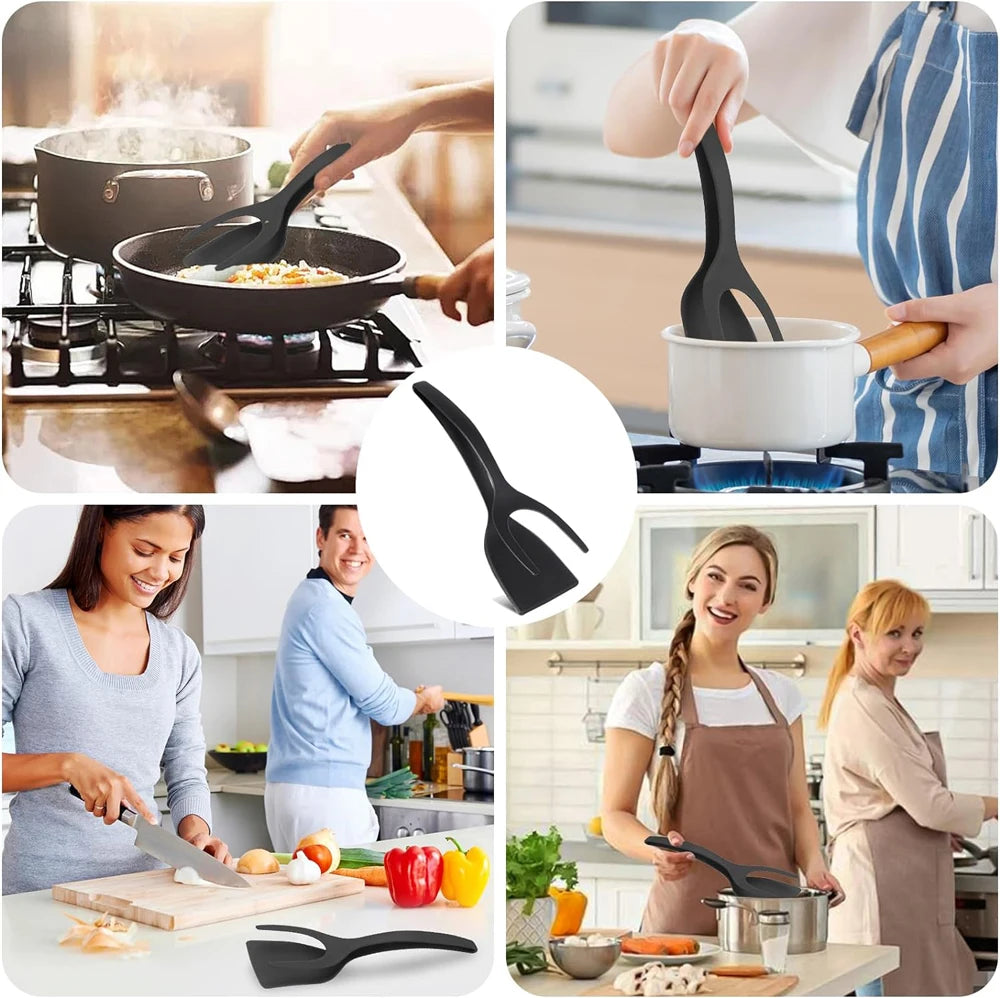 New 2 in 1 Grip Flip Spatula Tongs Egg Flipper Spatula Nylon Non Stick Coating Pancake Fish French Toast Omelet Making Tool - The Urban Blasts Ltd