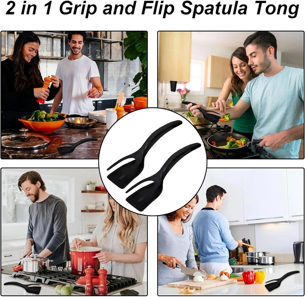 New 2 in 1 Grip Flip Spatula Tongs Egg Flipper Spatula Nylon Non Stick Coating Pancake Fish French Toast Omelet Making Tool - The Urban Blasts Ltd