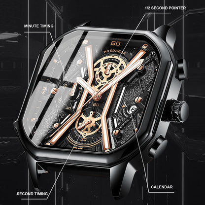 POEDAGAR Fashion Men Wristwatches Luxury Chronograph Luminous Waterproof Date, Square Dial Leather Quartz perfect for Valentine's Day