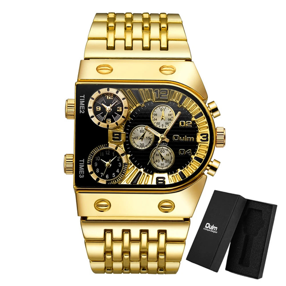 Oulm Top Large Dial Men Watch Square Gold Quartz Wrist Watch for Sports, Multi-Time Zone Military Waterproof Great for Valentine's Day