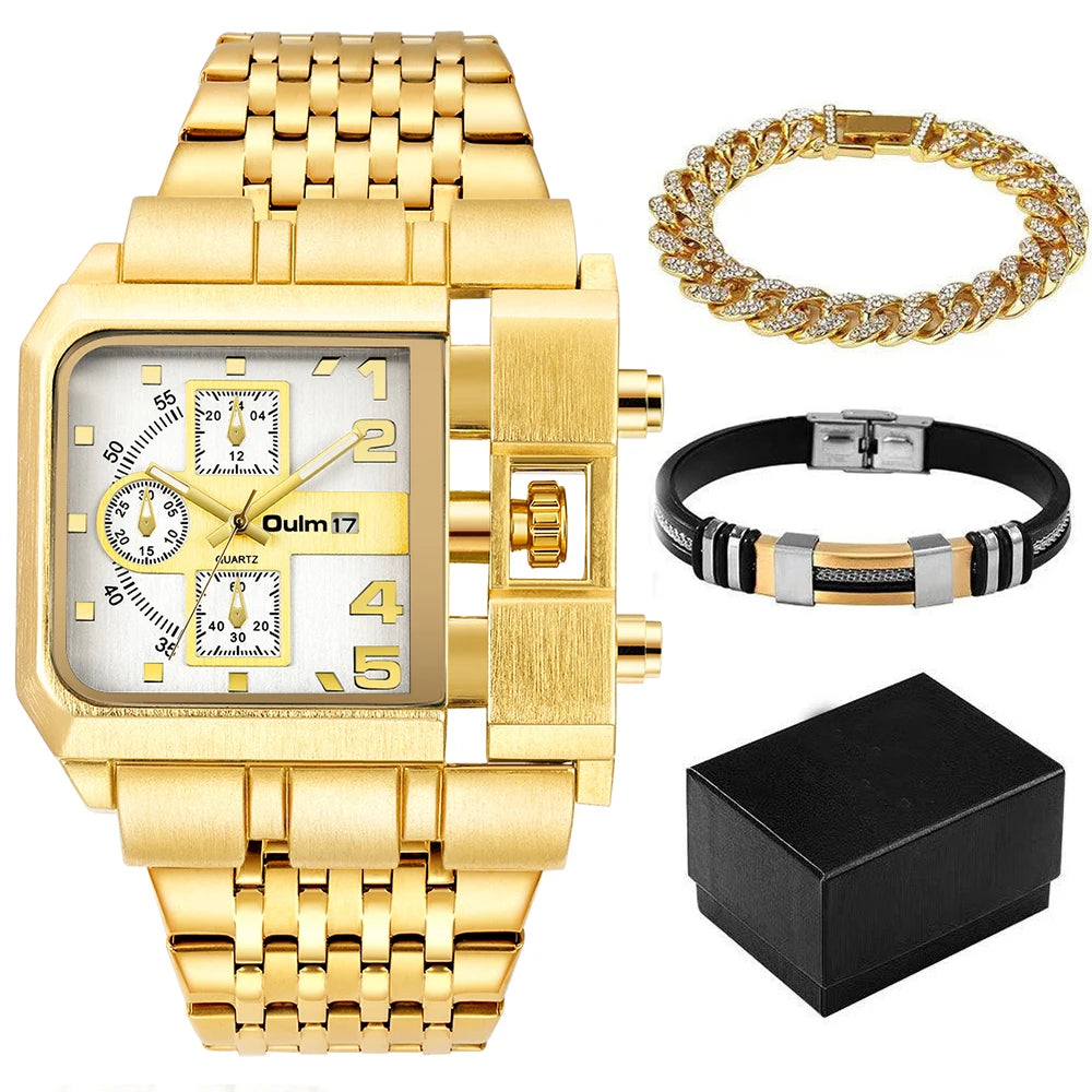 Oulm Top Large Dial Men Watch Square Gold Quartz Wrist Watch for Sports, Multi-Time Zone Military Waterproof Great for Valentine's Day