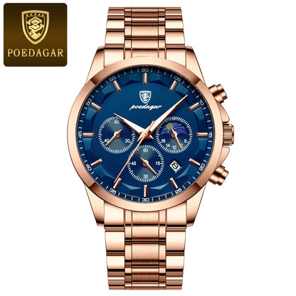 POEDAGAR Men Quartz Watch Luxury Sports Waterproof Chronograph Luminous Date, Man Wristwatch Leather Clock, Ideal For Valentine's Day