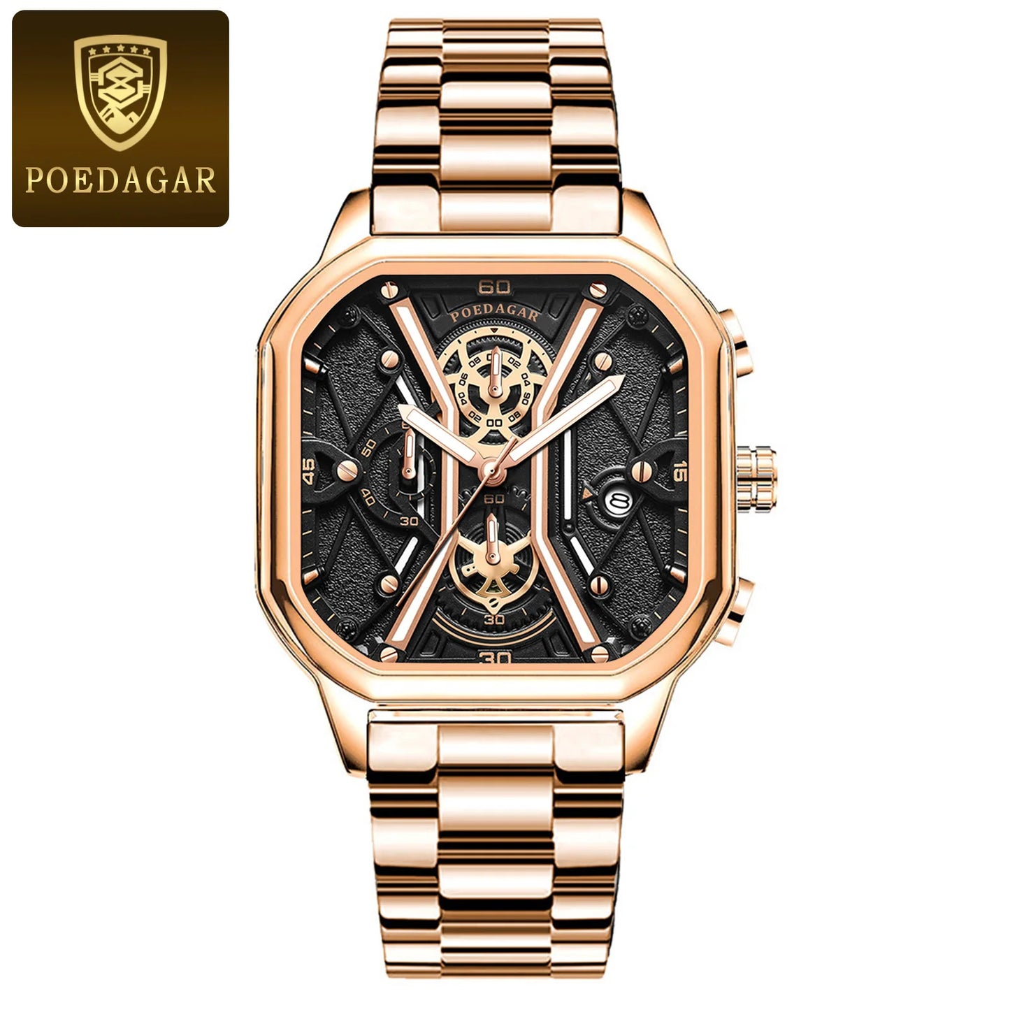 POEDAGAR Fashion Men Wristwatches Luxury Chronograph Luminous Waterproof Date, Square Dial Leather Quartz perfect for Valentine's Day