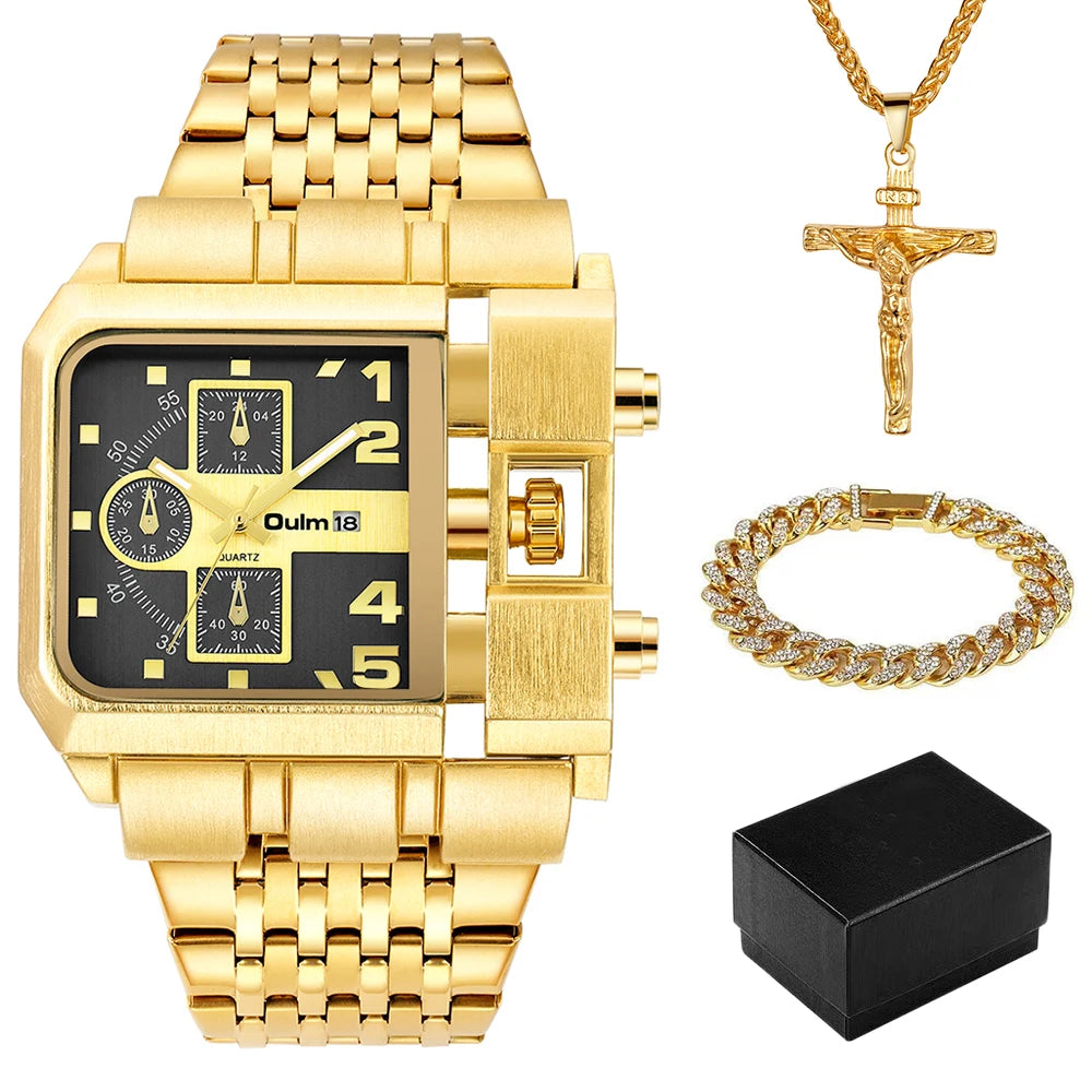 Oulm Top Large Dial Men Watch Square Gold Quartz Wrist Watch for Sports, Multi-Time Zone Military Waterproof Great for Valentine's Day