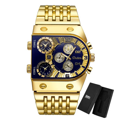 Oulm Top Large Dial Men Watch Square Gold Quartz Wrist Watch for Sports, Multi-Time Zone Military Waterproof Great for Valentine's Day