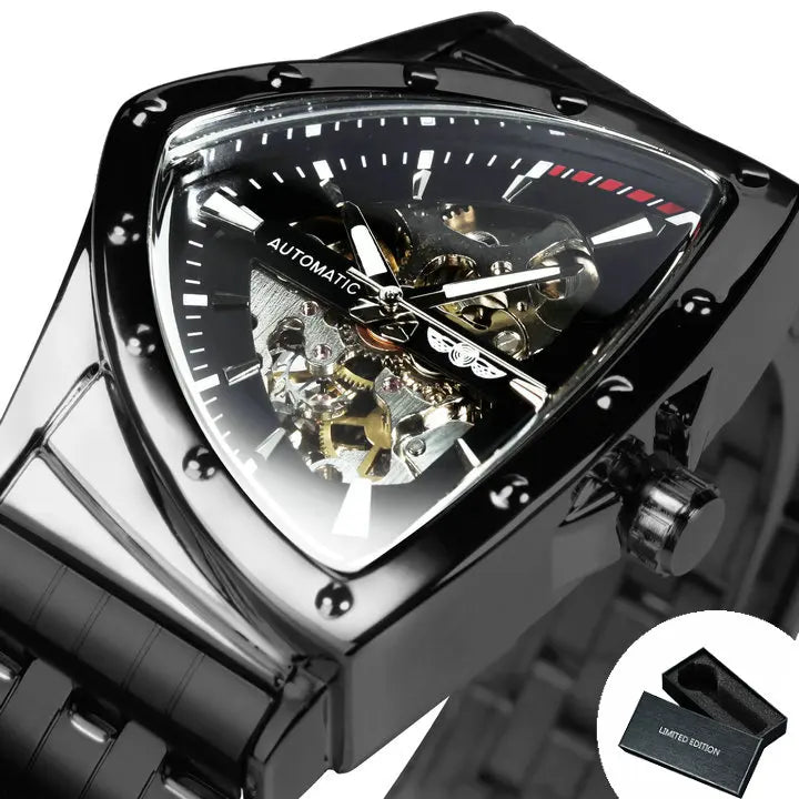 WINNER Military Triangle Skeleton Automatic Sports Luxury Mechanical Watches Gold Stainless Steel Strap Luminous Great for Valentine's Day