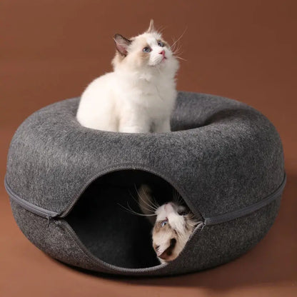 Túnel y cama en forma de donut de doble uso para gatos: juguete interactivo y cama acogedora para gatitos de interior