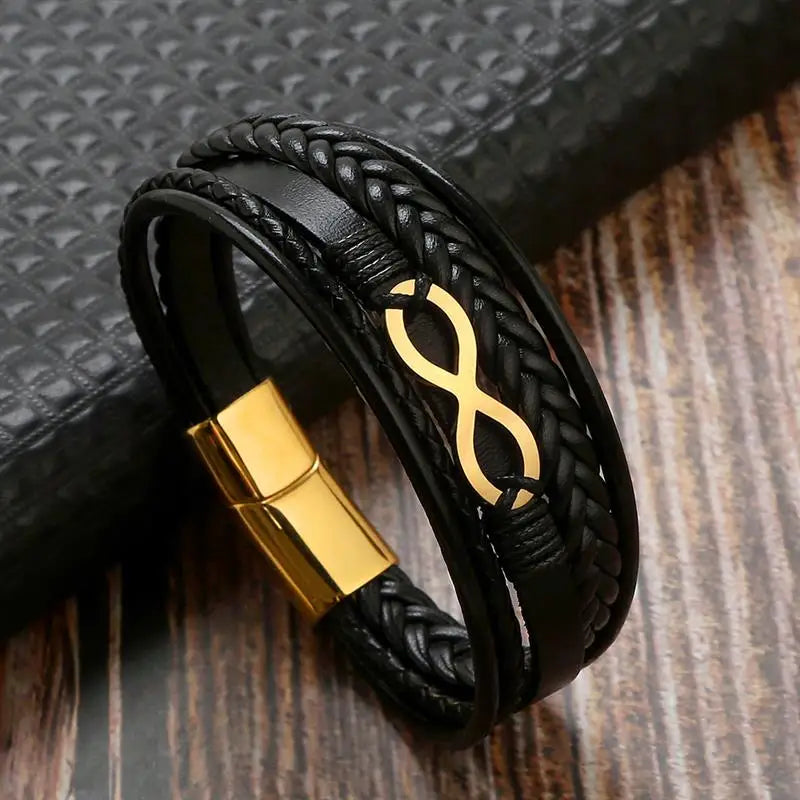 Classic Multi layer Men Leather Bracelet Stainless Steel Infinity Symbol Charm Bracelets Fashion Jewellery Great for Valentine's Day Gift