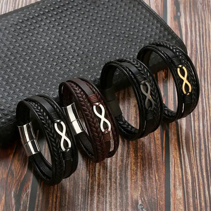 Classic Multi layer Men Leather Bracelet Stainless Steel Infinity Symbol Charm Bracelets Fashion Jewellery Great for Valentine's Day Gift