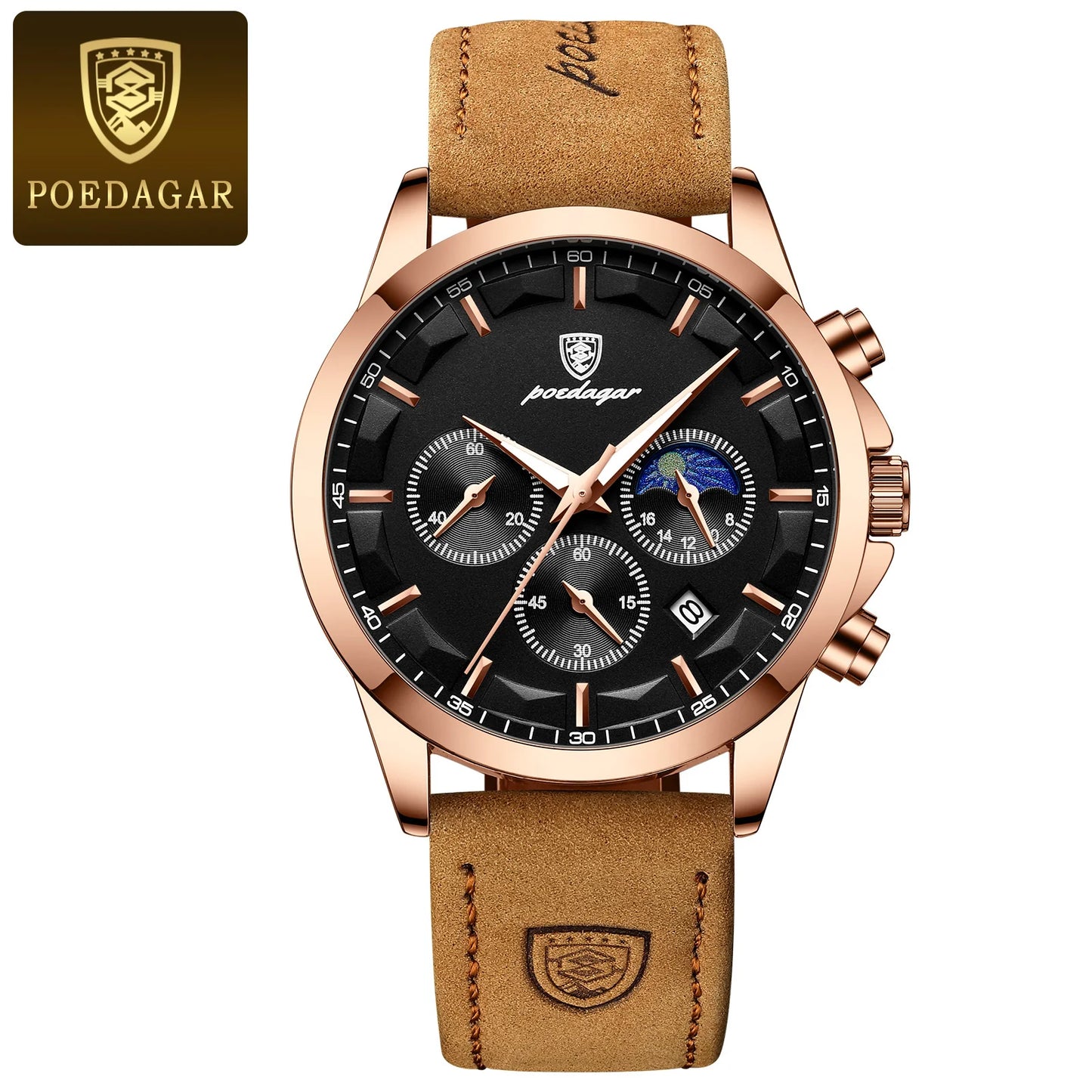 POEDAGAR Men Quartz Watch Luxury Sports Waterproof Chronograph Luminous Date, Man Wristwatch Leather Clock, Ideal For Valentine's Day