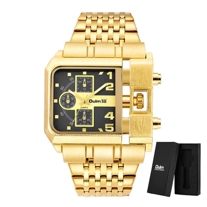 Oulm Top Large Dial Men Watch Square Gold Quartz Wrist Watch for Sports, Multi-Time Zone Military Waterproof Great for Valentine's Day