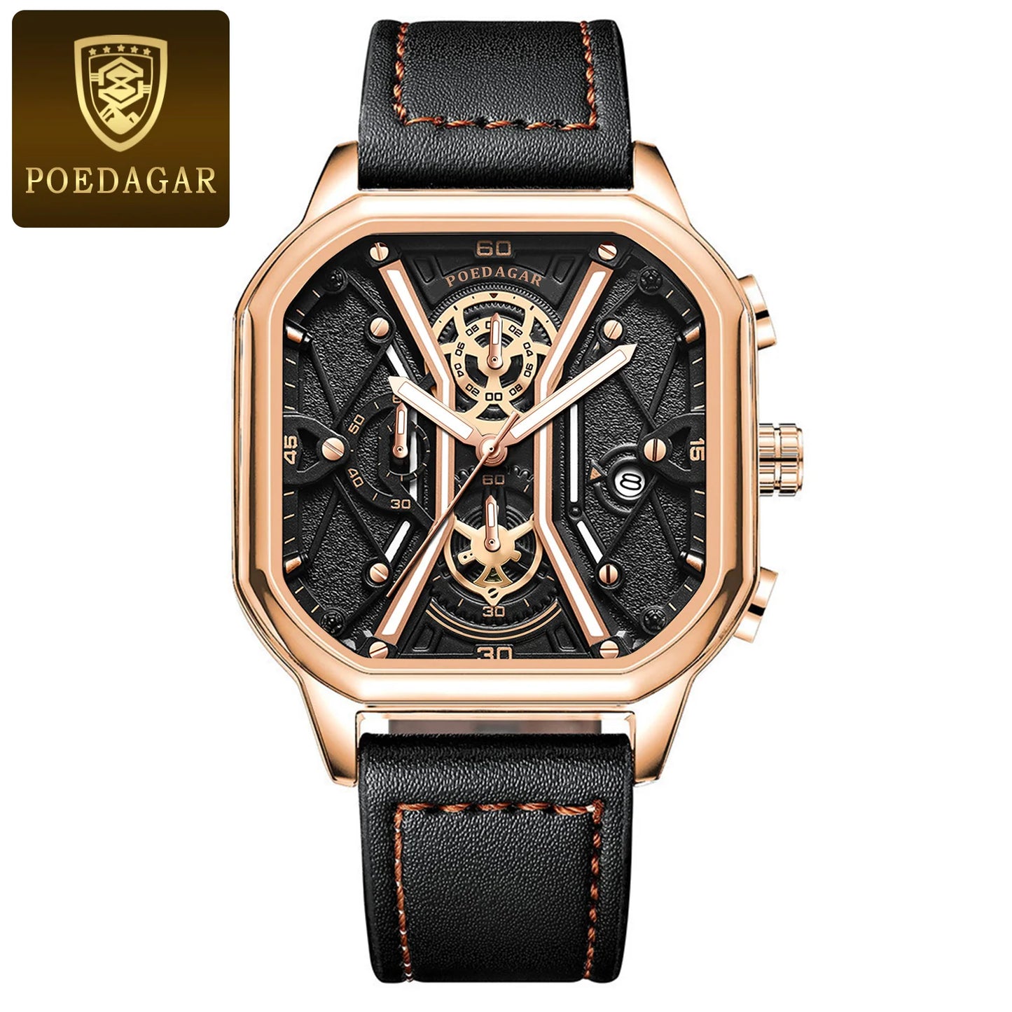 POEDAGAR Fashion Men Wristwatches Luxury Chronograph Luminous Waterproof Date, Square Dial Leather Quartz perfect for Valentine's Day