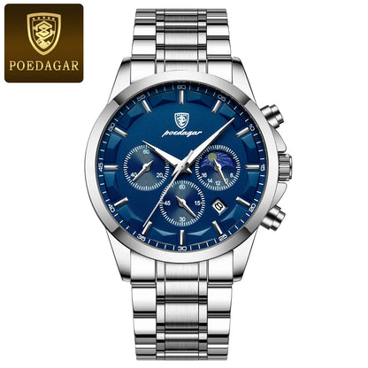 POEDAGAR Men Quartz Watch Luxury Sports Waterproof Chronograph Luminous Date, Man Wristwatch Leather Clock, Ideal For Valentine's Day