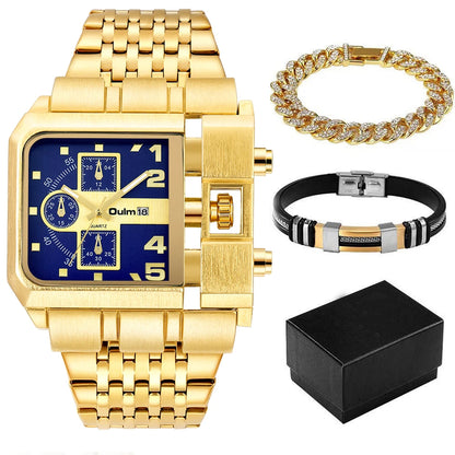 Oulm Top Large Dial Men Watch Square Gold Quartz Wrist Watch for Sports, Multi-Time Zone Military Waterproof Great for Valentine's Day