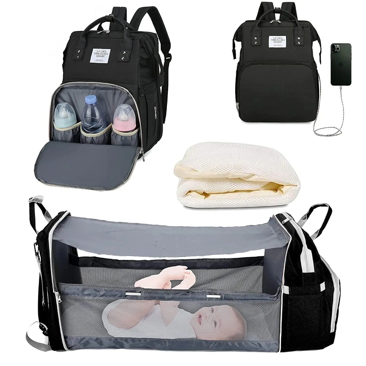 3 In 1 Diaper Bag Backpack Foldable Baby Bed Waterproof Travel Bag with USB Charge Diaper Bag Backpack with Changing Bed 3 types