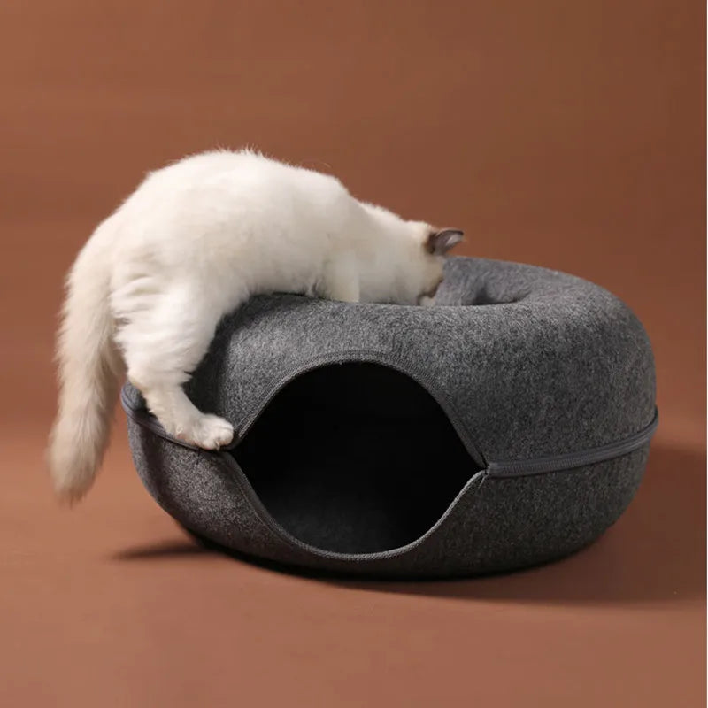 Túnel y cama en forma de donut de doble uso para gatos: juguete interactivo y cama acogedora para gatitos de interior