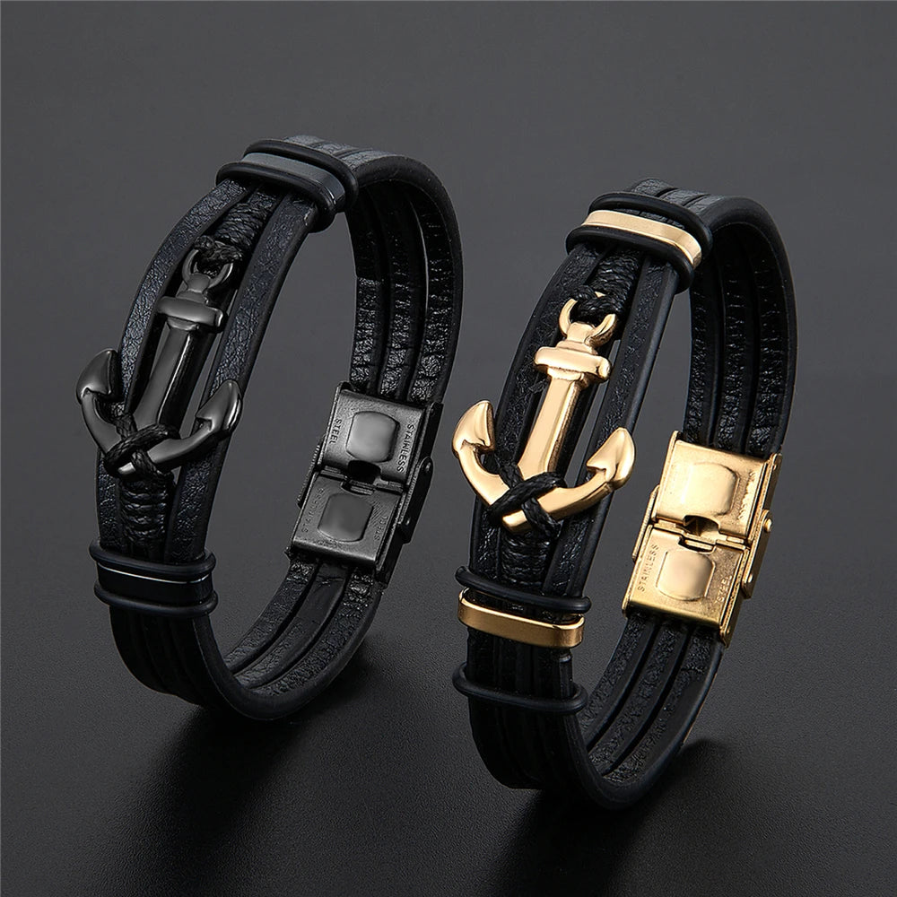 New Punk Stainless Steel Anchor Bracelets Genuine Leather Bracelet & Bangles Jewellery Black Colour Fashion Great for Valentine's Gift