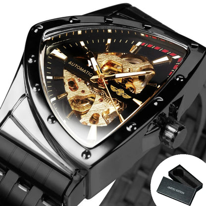 WINNER Military Triangle Skeleton Automatic Sports Luxury Mechanical Watches Gold Stainless Steel Strap Luminous Great for Valentine's Day