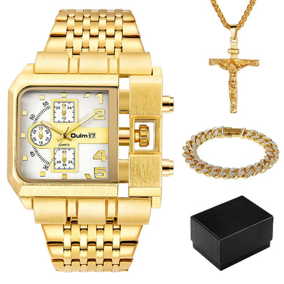 Oulm Top Large Dial Men Watch Square Gold Quartz Wrist Watch for Sports, Multi-Time Zone Military Waterproof Great for Valentine's Day