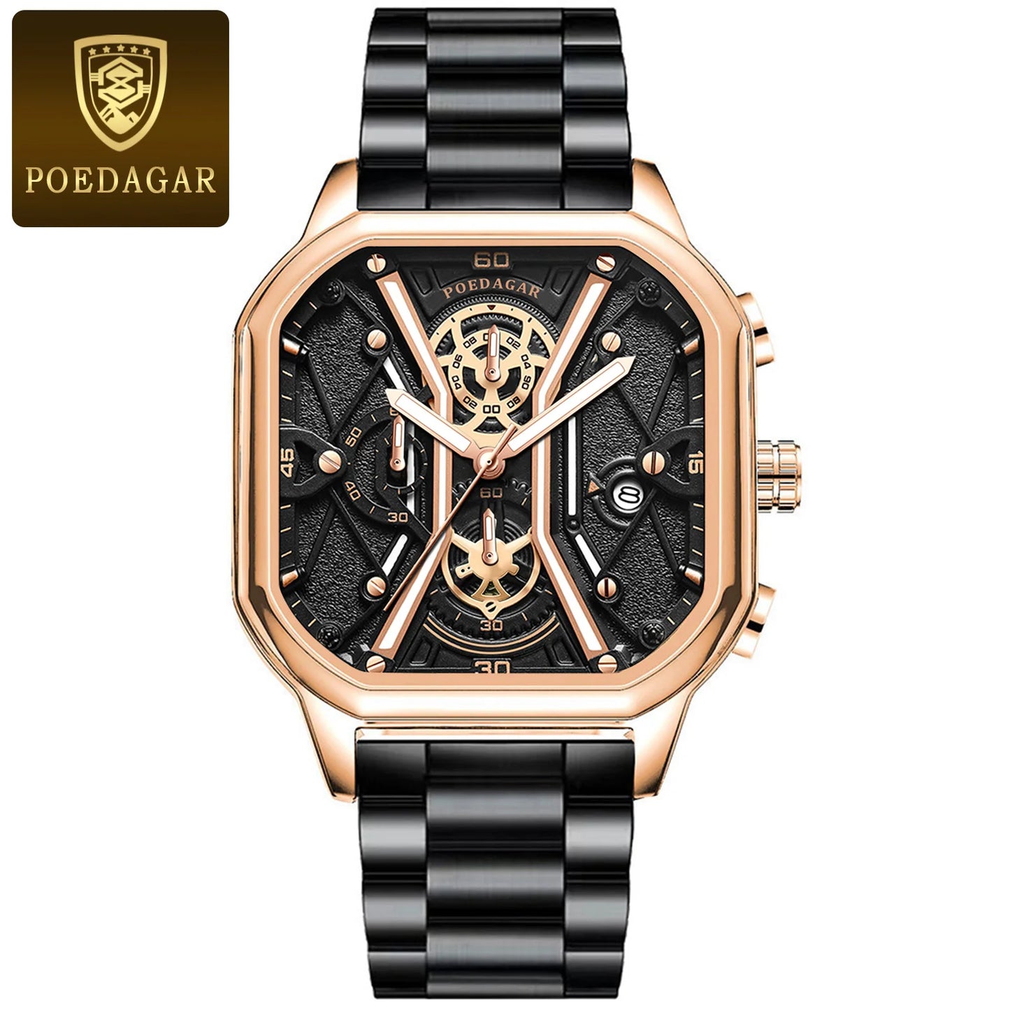 POEDAGAR Fashion Men Wristwatches Luxury Chronograph Luminous Waterproof Date, Square Dial Leather Quartz perfect for Valentine's Day