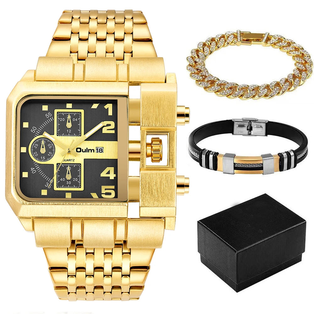 Oulm Top Large Dial Men Watch Square Gold Quartz Wrist Watch for Sports, Multi-Time Zone Military Waterproof Great for Valentine's Day