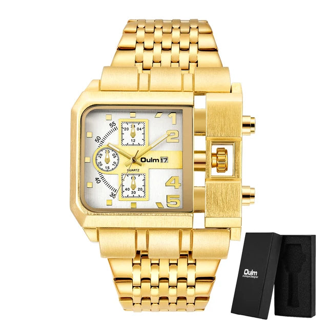 Oulm Top Large Dial Men Watch Square Gold Quartz Wrist Watch for Sports, Multi-Time Zone Military Waterproof Great for Valentine's Day